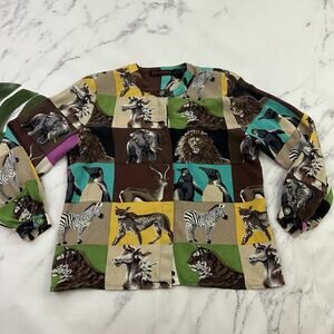 Jerri Sherman Womens Vintage 90s Animal Print Silk Blouse Top Size 8 Brown Blue
